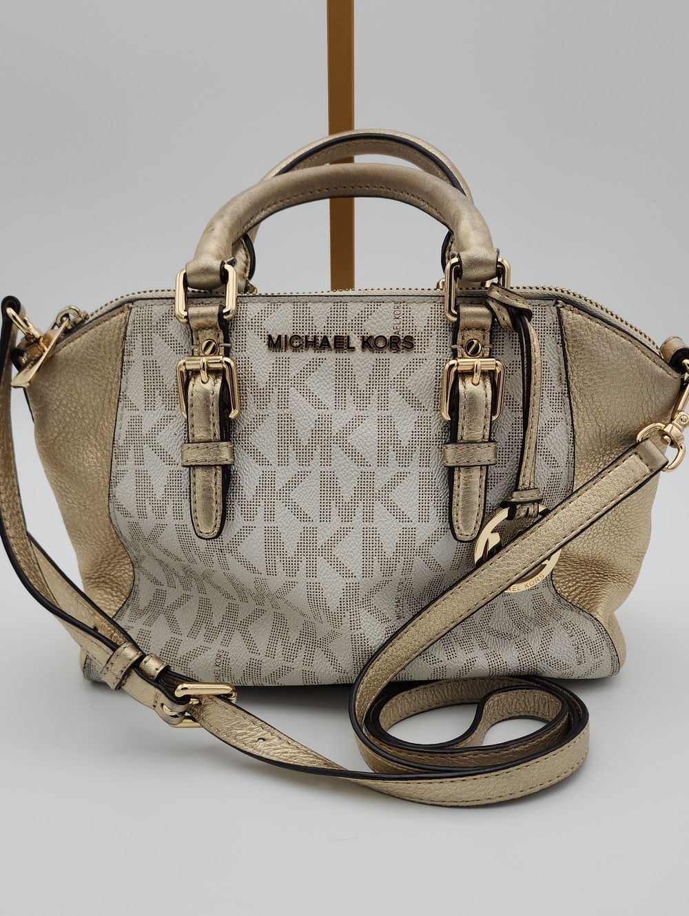 Michael Kors Metallic Gold Logo Satchel with Beige Paneling